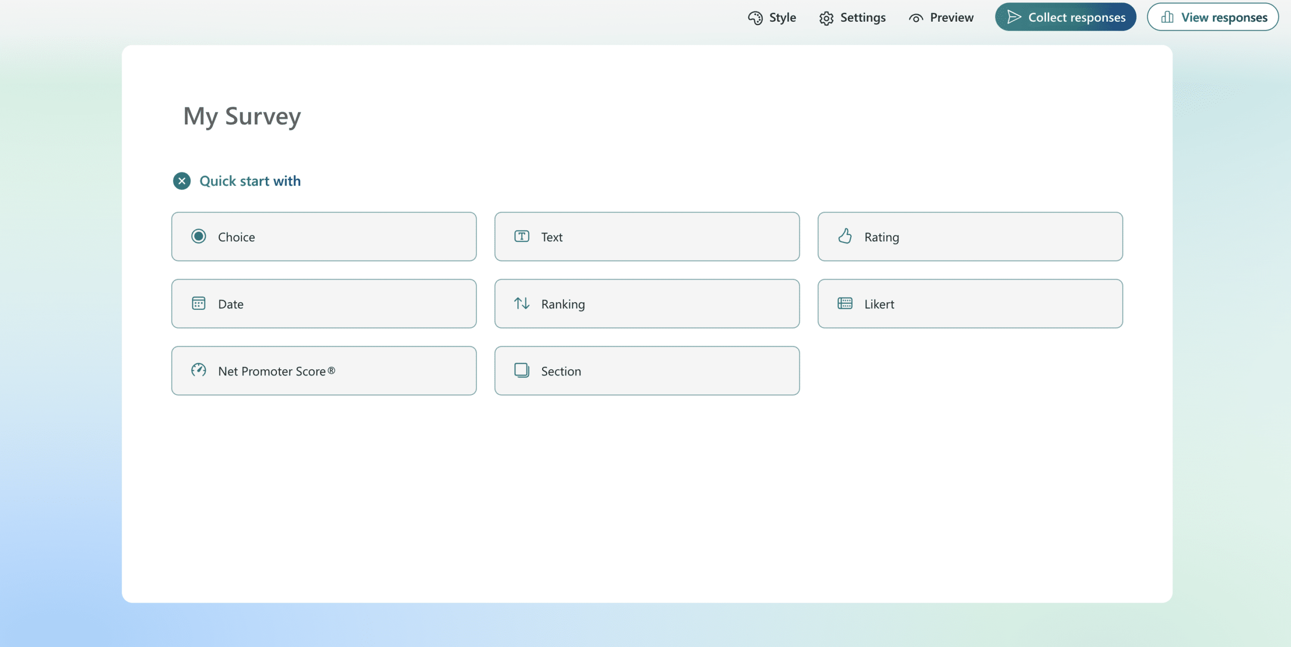 Page where you choose which question type you'd like to add to your survey